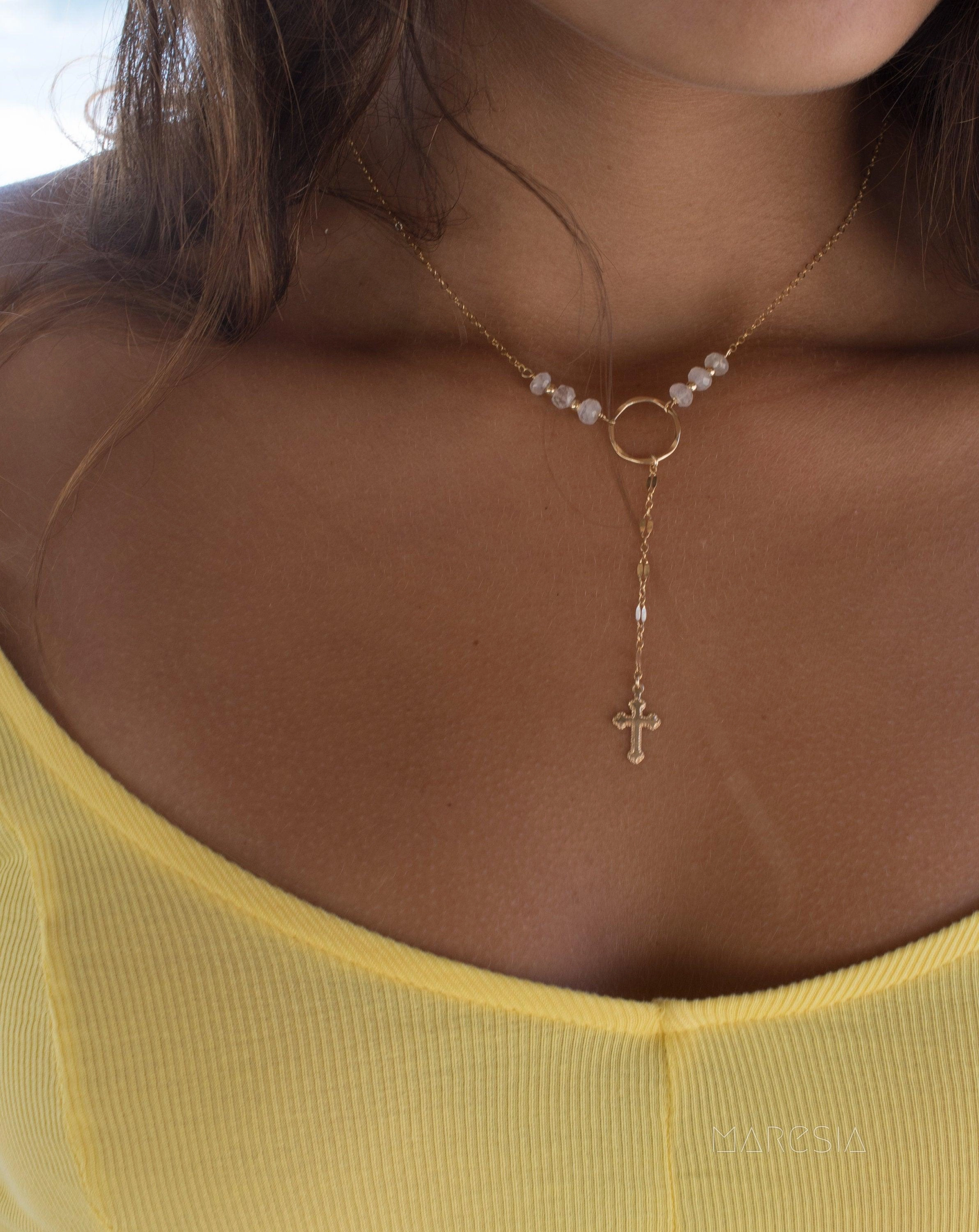 Y necklace Moonstone Cross ~ Gold Filled ~ MN027
