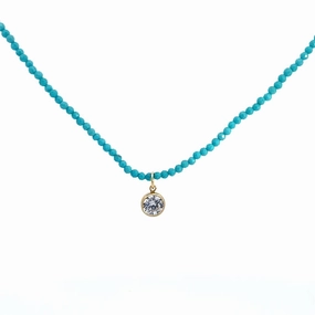 Yellow Gold Filled Beaded Necklace With 3mm Teal Magnesite And CZ Bezel