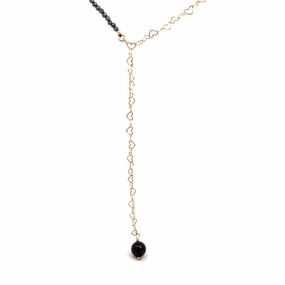 Yellow Gold Filled Lariat Necklace With 2mm Faceted Gun Metal Quartz And Heart Chain Link With 6mm Smooth Black Agate Drop