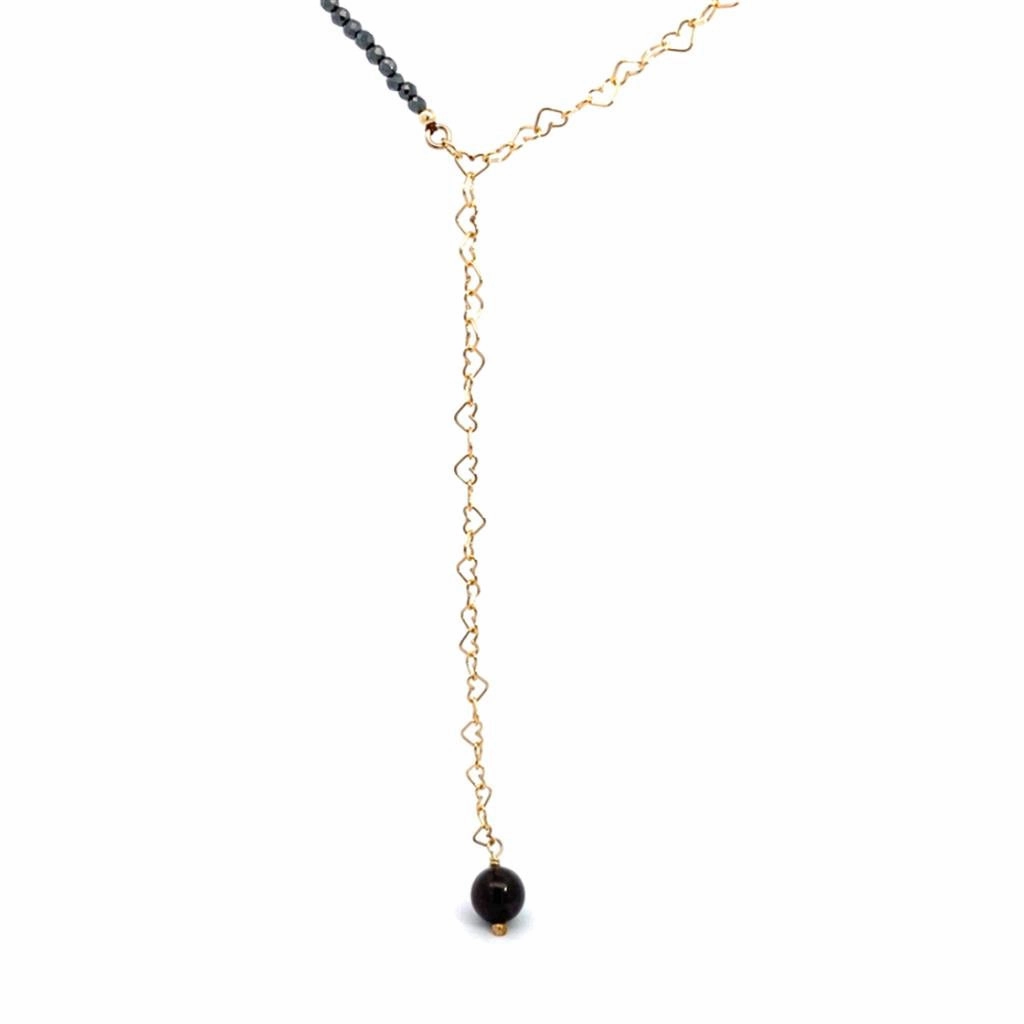Yellow Gold Filled Lariat Necklace With 2mm Faceted Gun Metal Quartz And Heart Chain Link With 6mm Smooth Black Agate Drop