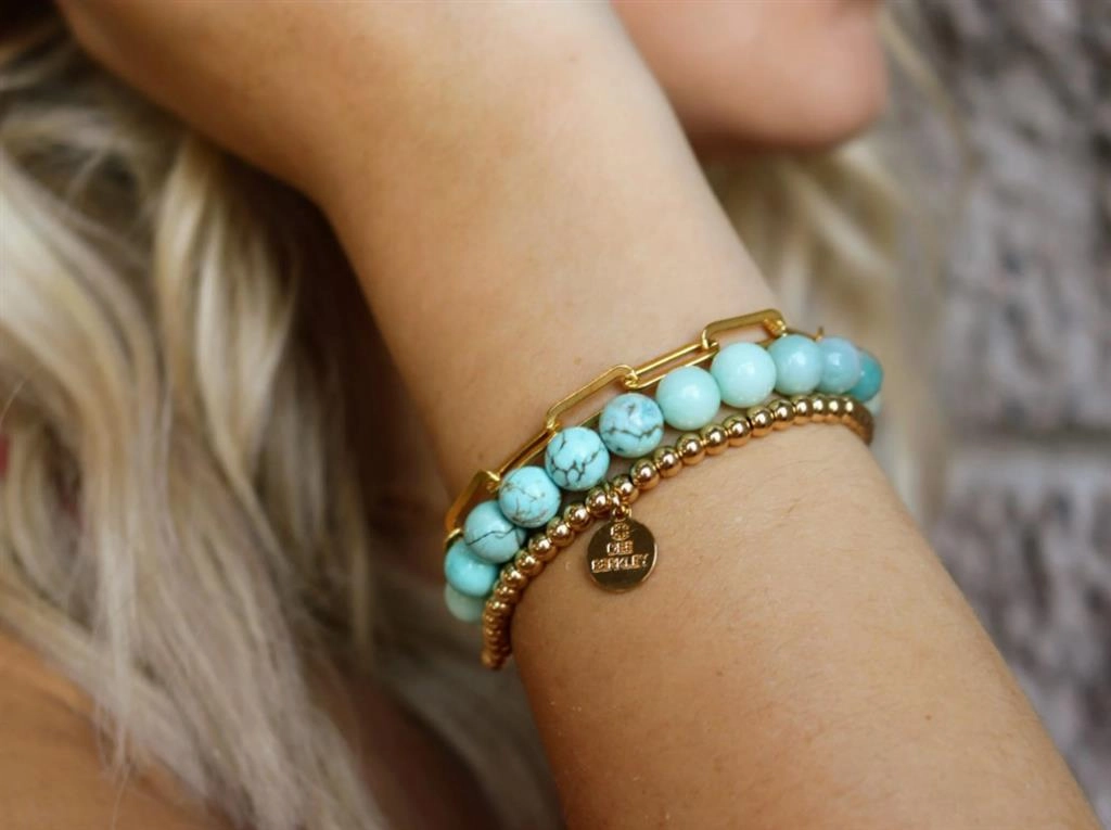 Yellow Gold Filled Turquoise Beaded Bracelet With Gold Plated Paperclip Chain