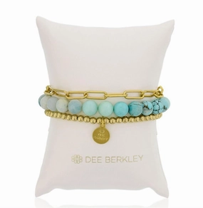 Yellow Gold Filled Turquoise Beaded Bracelet With Gold Plated Paperclip Chain